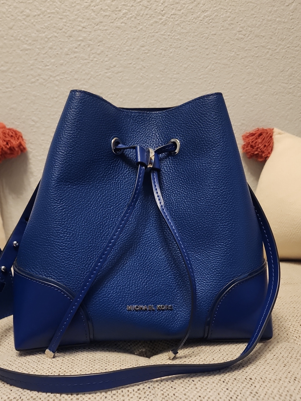 Michael Kors Royal Blue Pebbled Leather Drawstring Bucket Bag